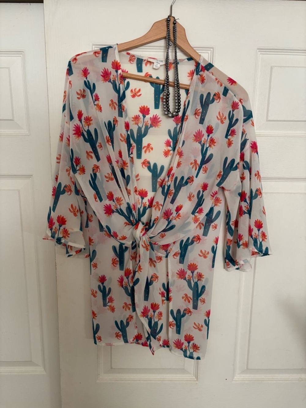 Sheer Cactus Print Tie-Front Women's Top - White/Teal/Pink